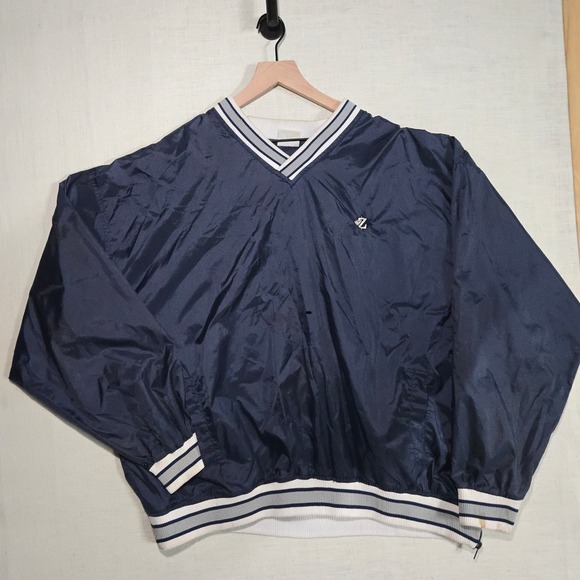 Jerzees Other - Vtg‎ Jerzees Mens 2X Windbreaker Navy Blue V-Neck Pullover Ribbed Trim Side Zip